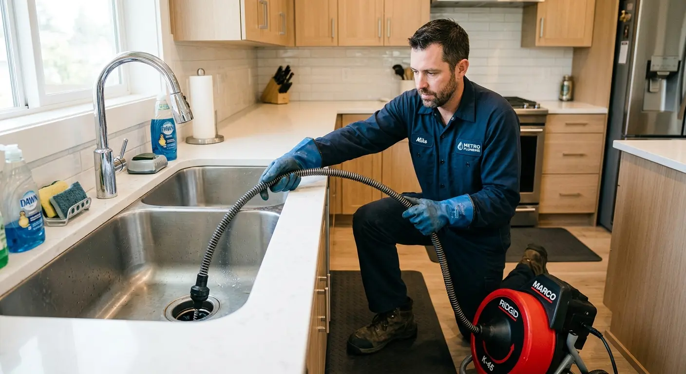 Drain cleaning technician using a motorized snake on a kitchen sink in Smyrna
