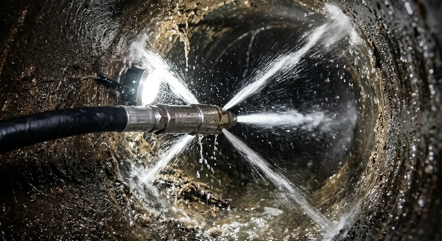 High-pressure hydro jetting nozzle cleaning sewer pipe for Emergency Drain Service in Smyrna