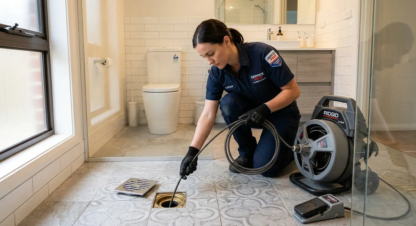 Technician clearing a bathroom floor drain for Sewer Line Replacement in Smyrna